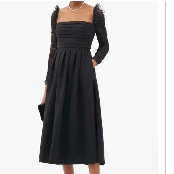 SELF-PORTRAITRuffled black Dotted Tulle And Crepe Midi women’s dress size 6